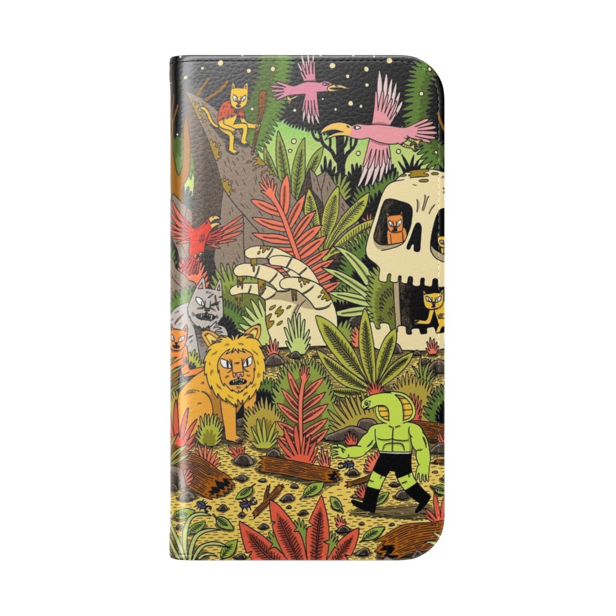 Jungle-themed phone case with colorful animal, plant, and nature designs - Folded Back