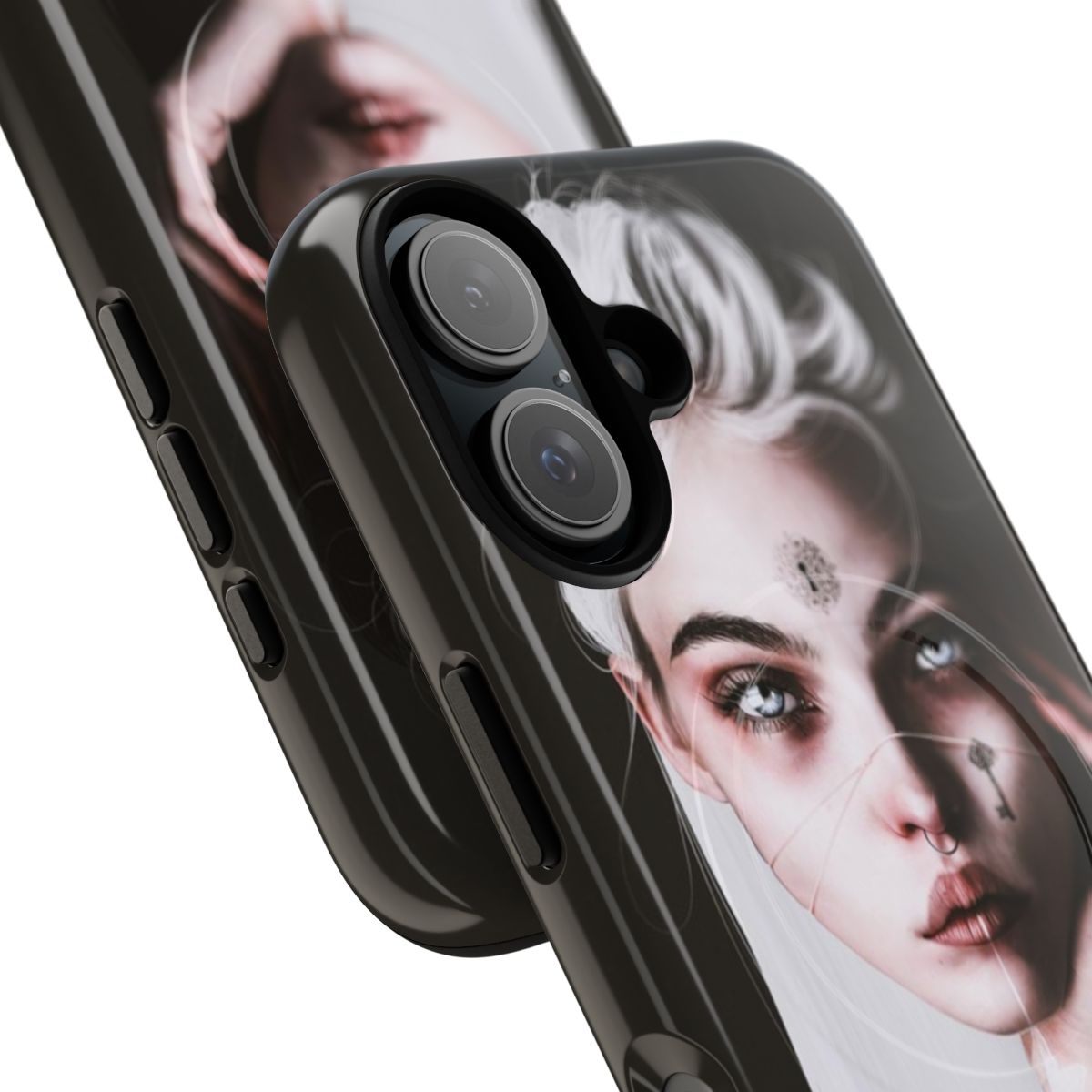 Pandora-inspired magnetic tough phone case featuring fantasy female portrait artwork - Detail