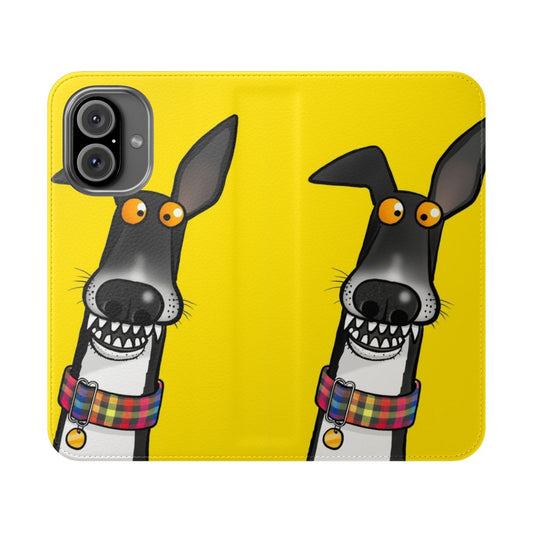 Teefs! Flip cover phone case featuring a cartoon design of a dog's face