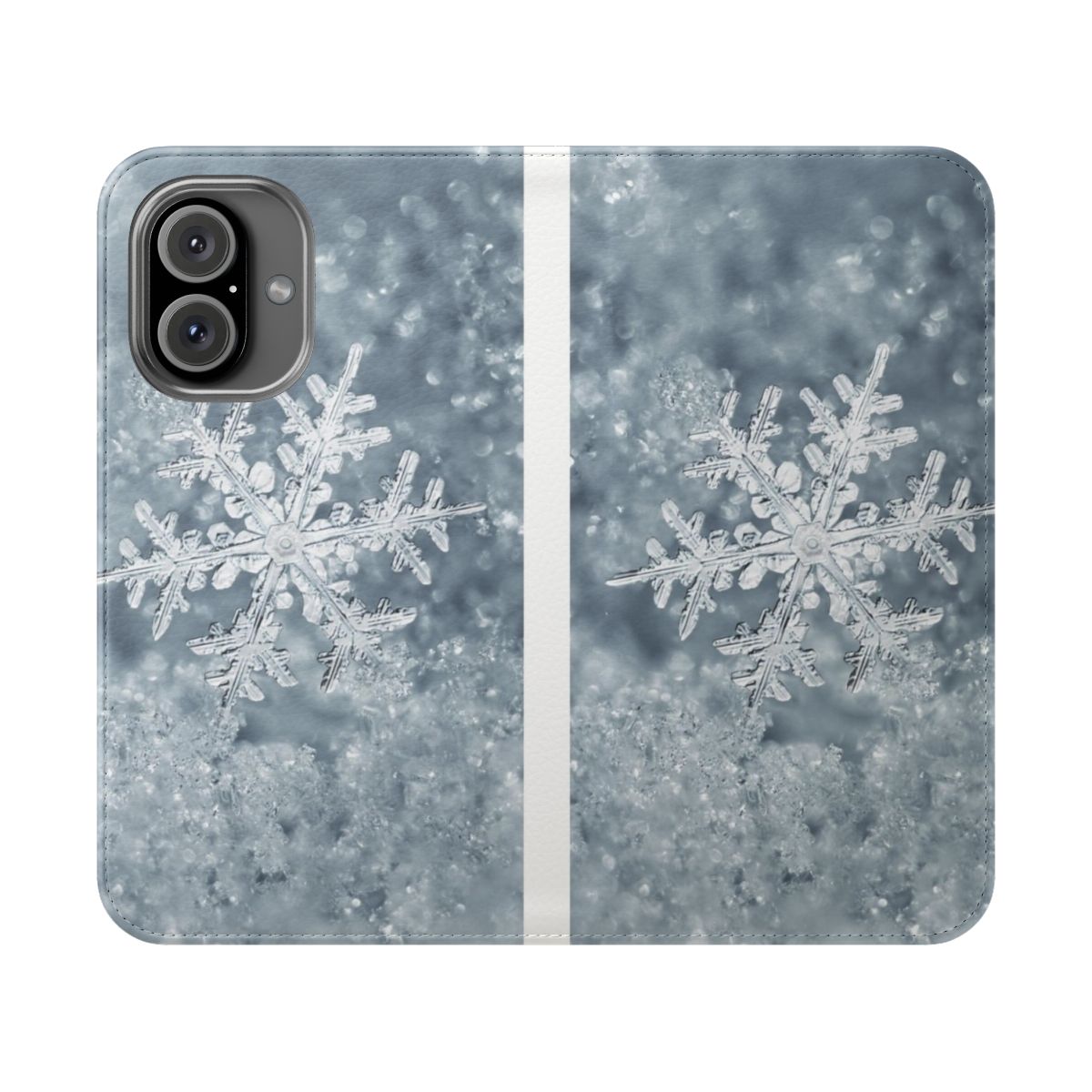 Snowflake-patterned flip cover phone case in white and blue tones.