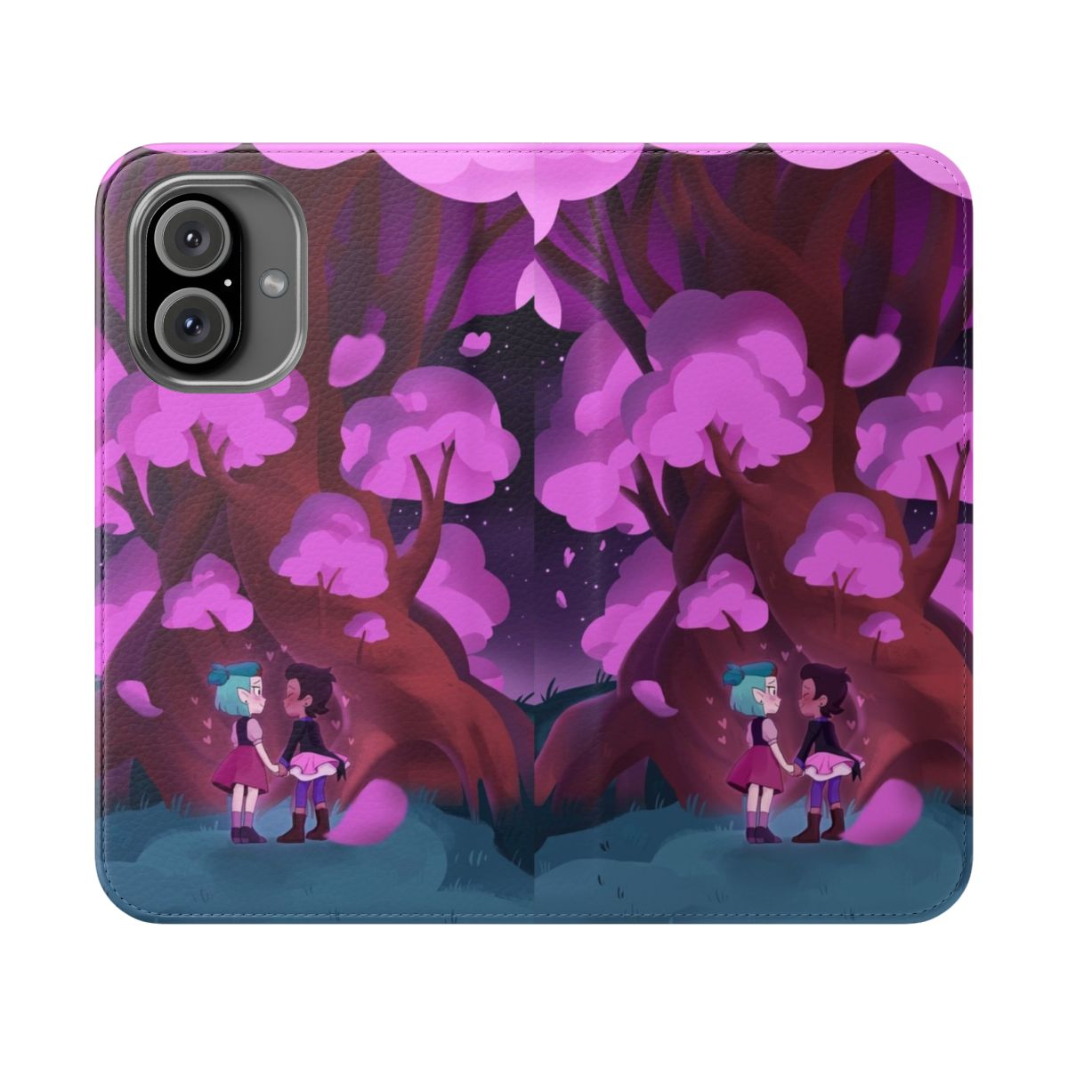 The Owl House inspired flip phone case featuring characters Luz and Amity