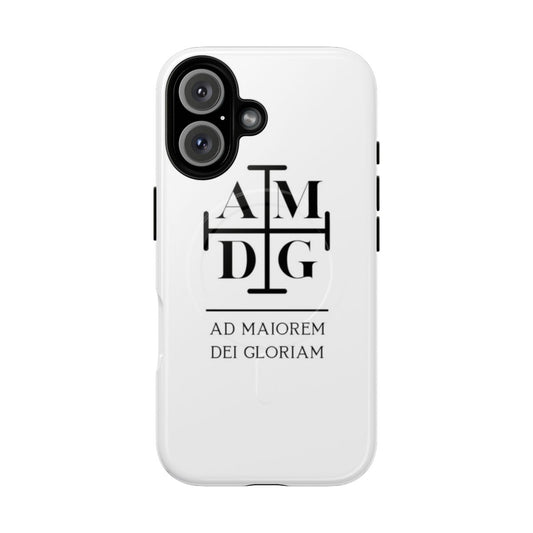 Catholic phone case with "Ad Maiorem Dei Gloriam" Latin phrase design