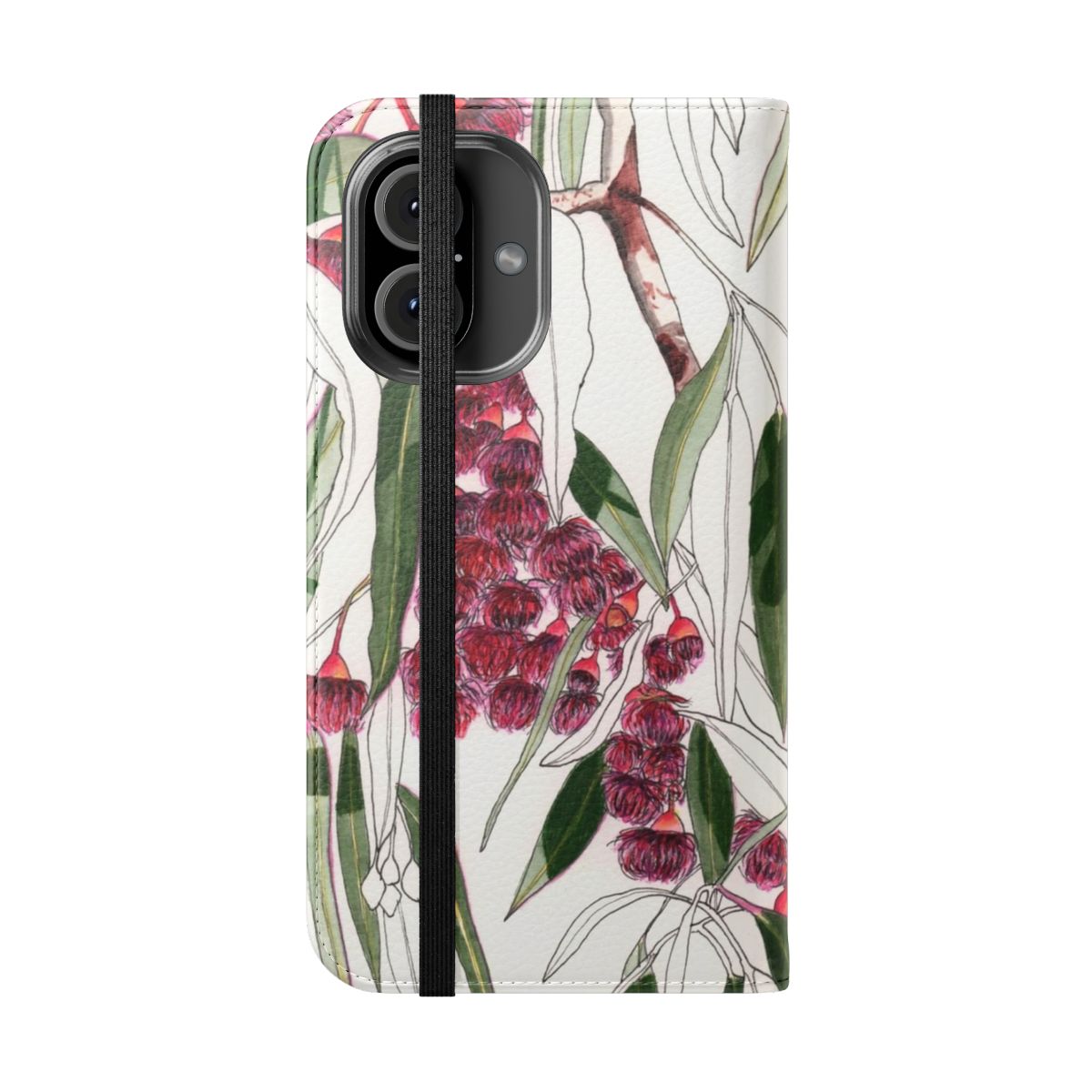 Colorful watercolor illustration of pink flowering gum and eucalyptus leaves on a phone case - Folded Front