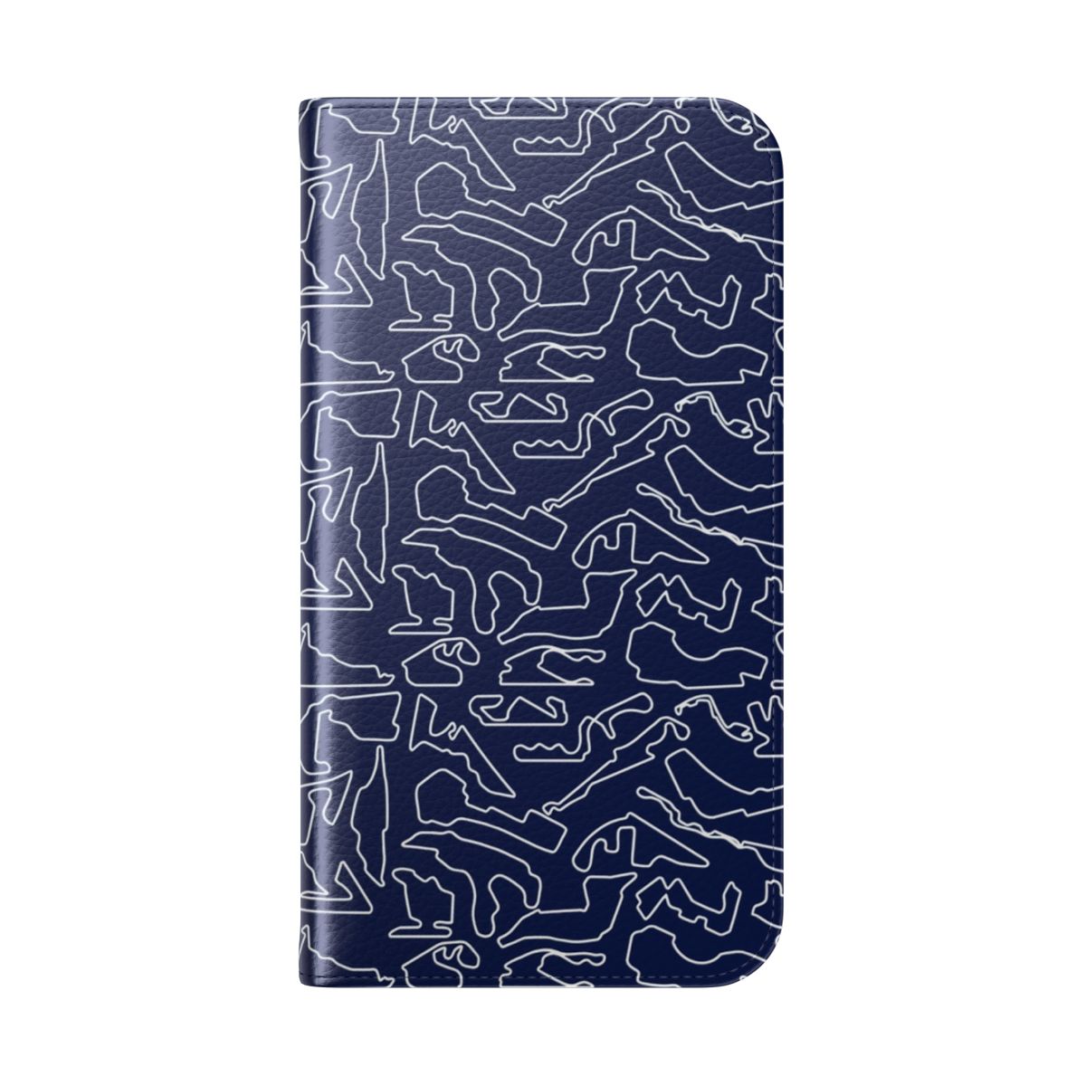 Dark blue flip cover phone case with F1 tracks design for 2023 season - Folded Back