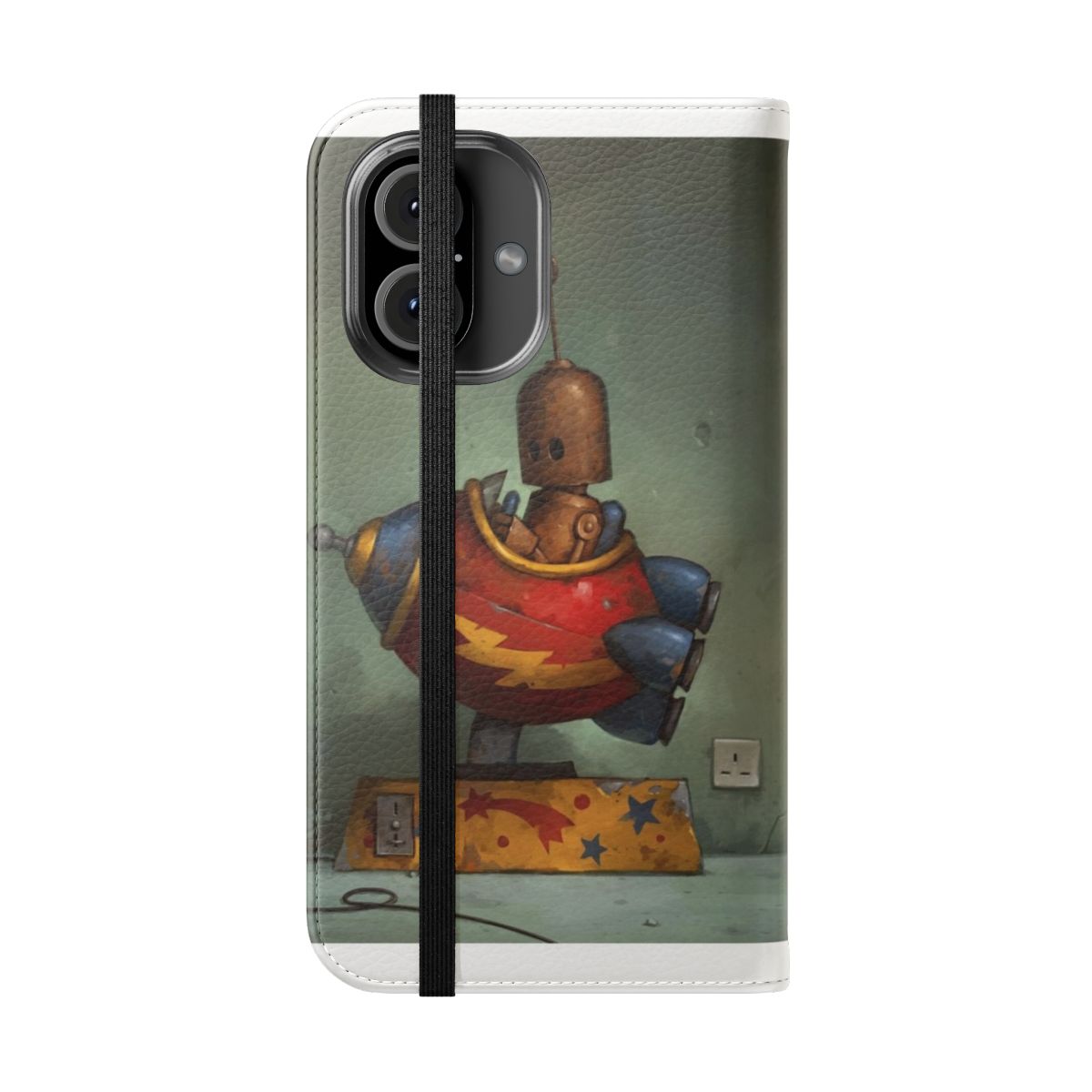 A vintage-inspired flip cover phone case featuring a cute robot design - Folded Front