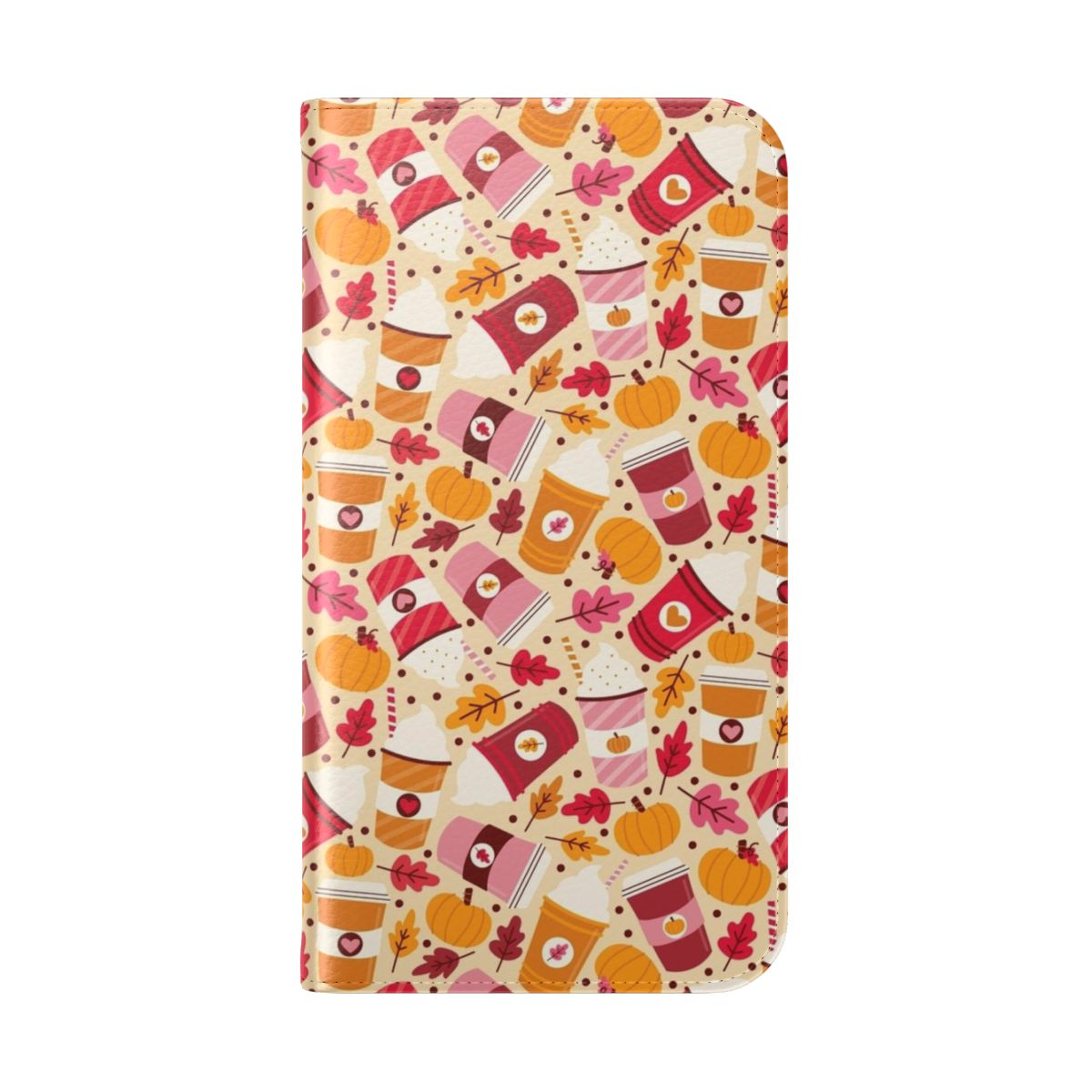 Pumpkin spice phone case with leaves and pumpkins in an autumnal pattern - Folded Back