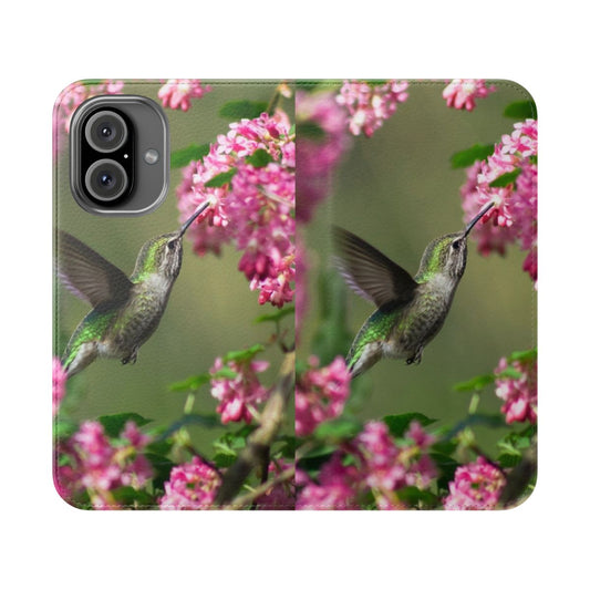 Hummingbird perched on a pink and fuchsia floral phone case