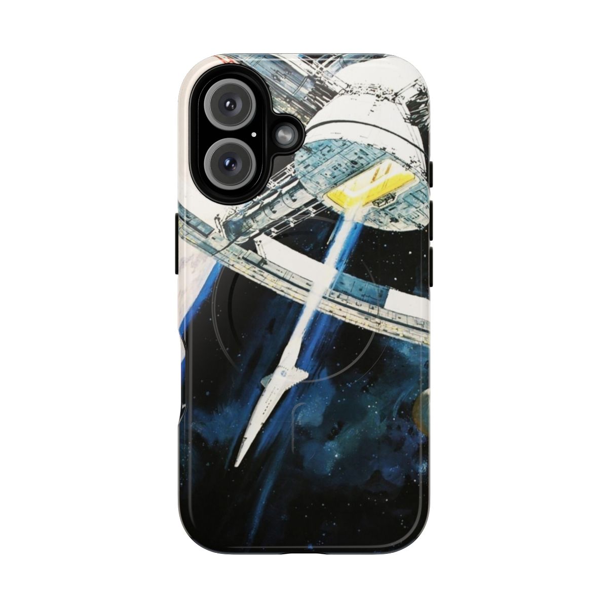 Retro-style phone case with a space station inspired art design