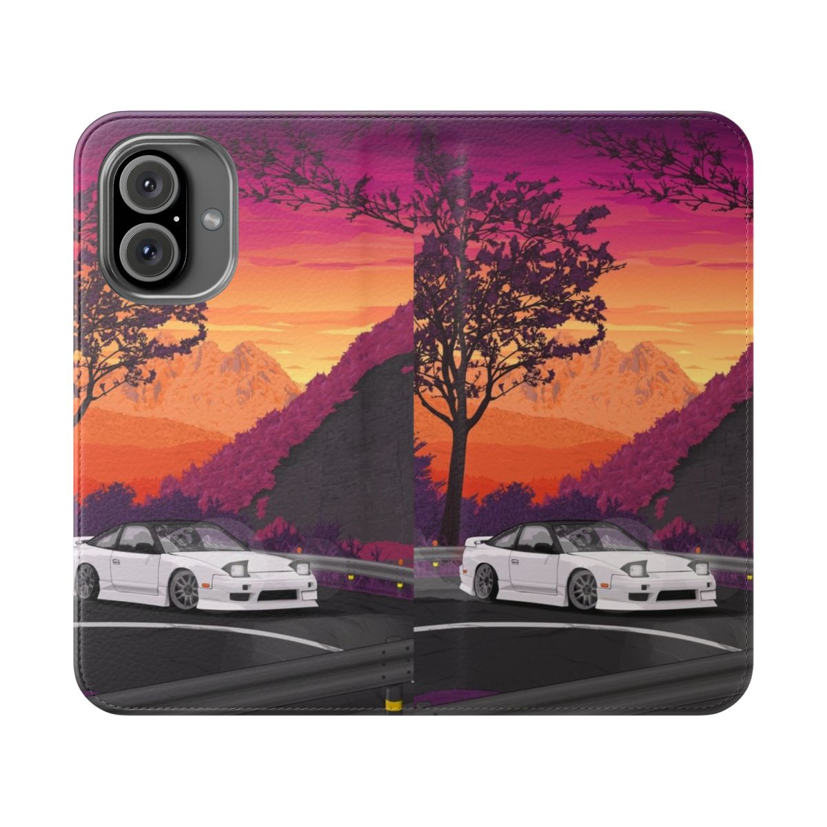 Flip cover phone case featuring a stylized Nissan 180SX S13 drift car design