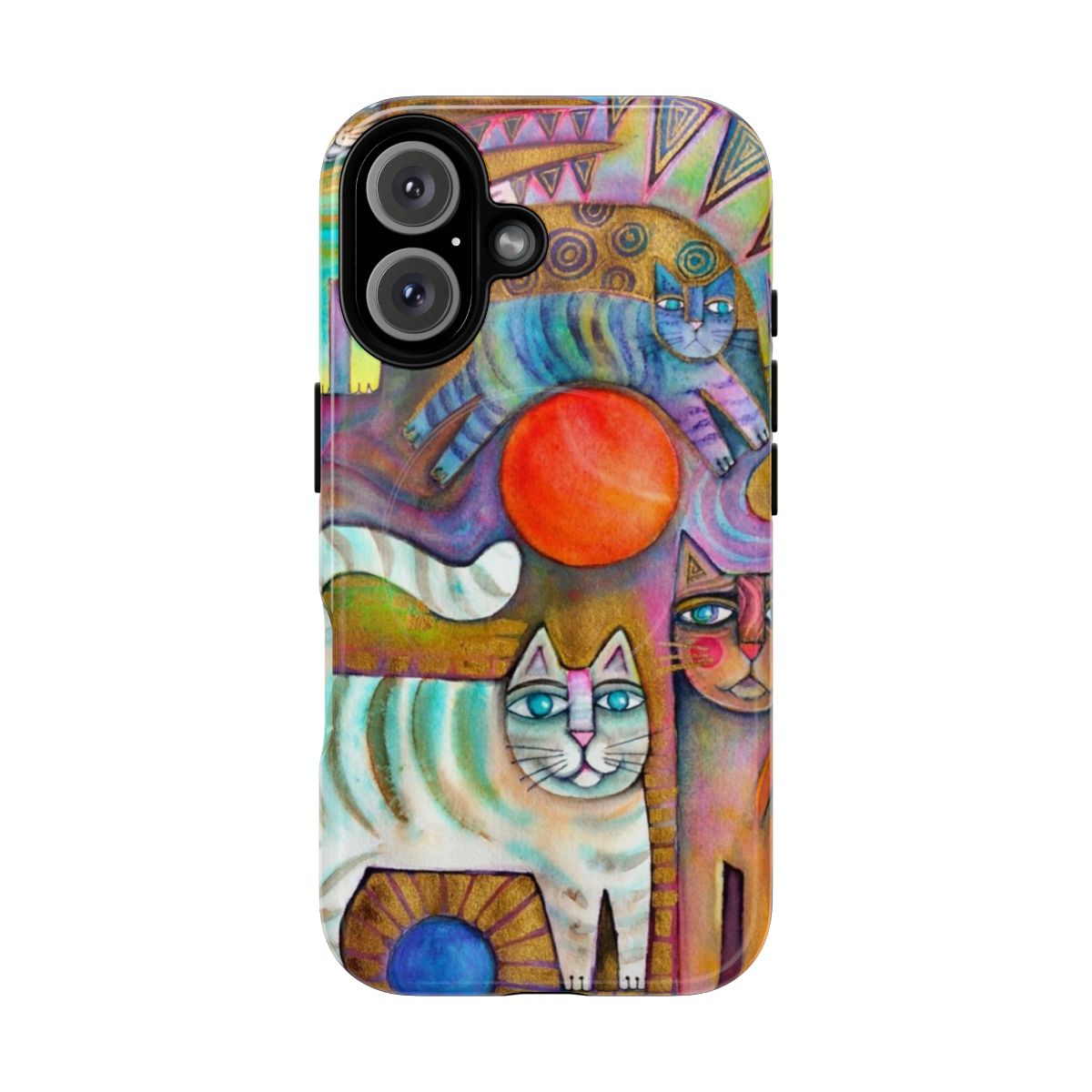 Whimsical abstract cat artwork in the style of Gustav Klimt on a magnetic phone case