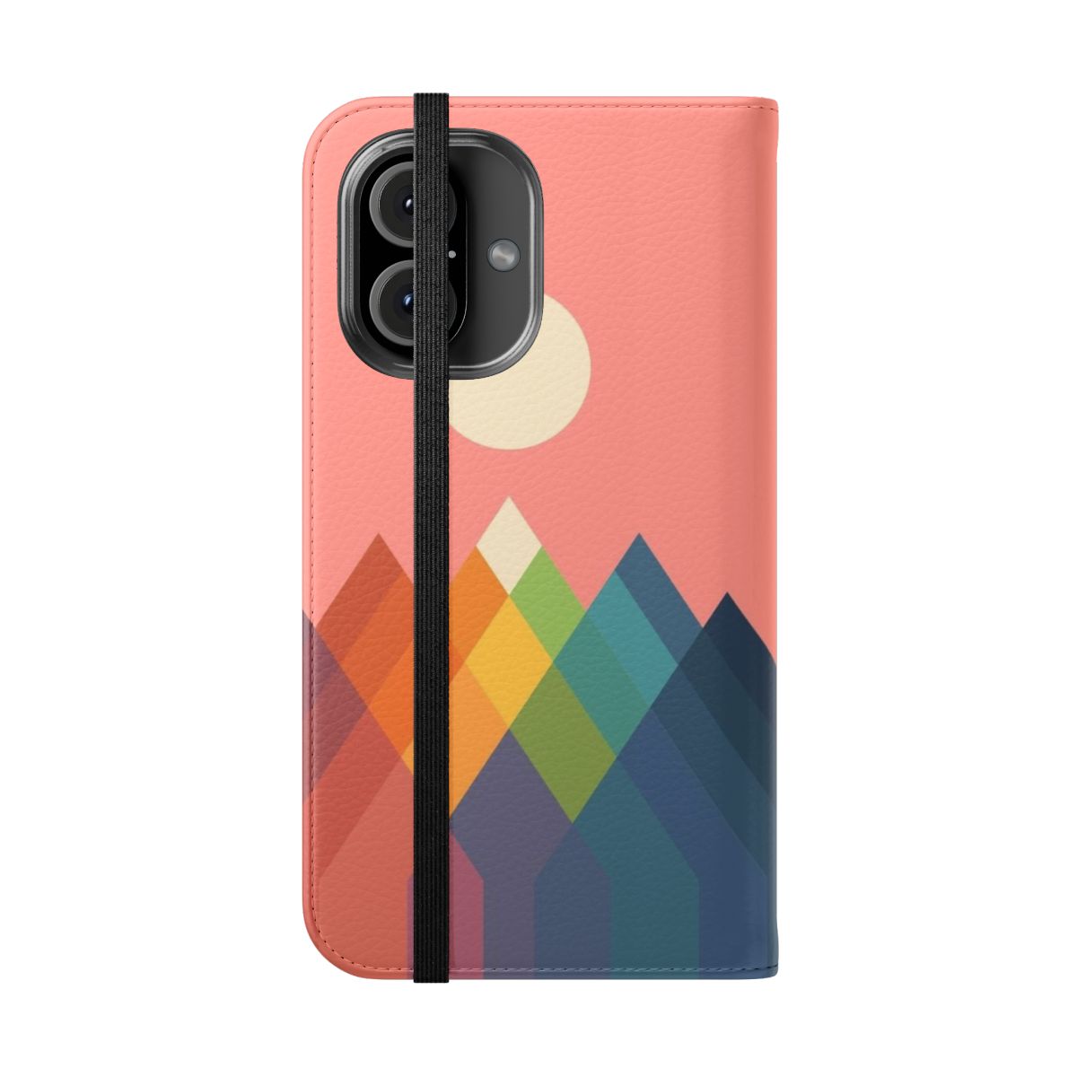 Colorful rainbow-themed geometric phone case with a mountain landscape design. - Folded Front