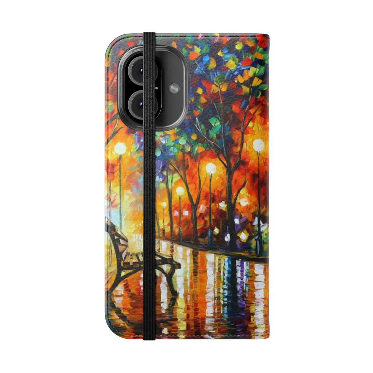 Leonid Afremov-inspired flip cover phone case with a vibrant autumn landscape design - Folded Front