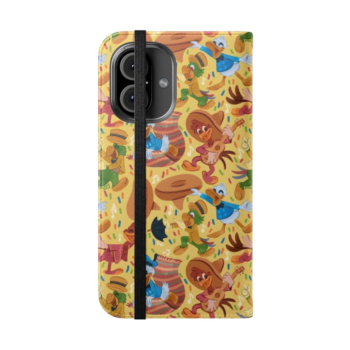 Colorful phone case with illustration of three cheerful birds in a Mexican-inspired design - Folded Front