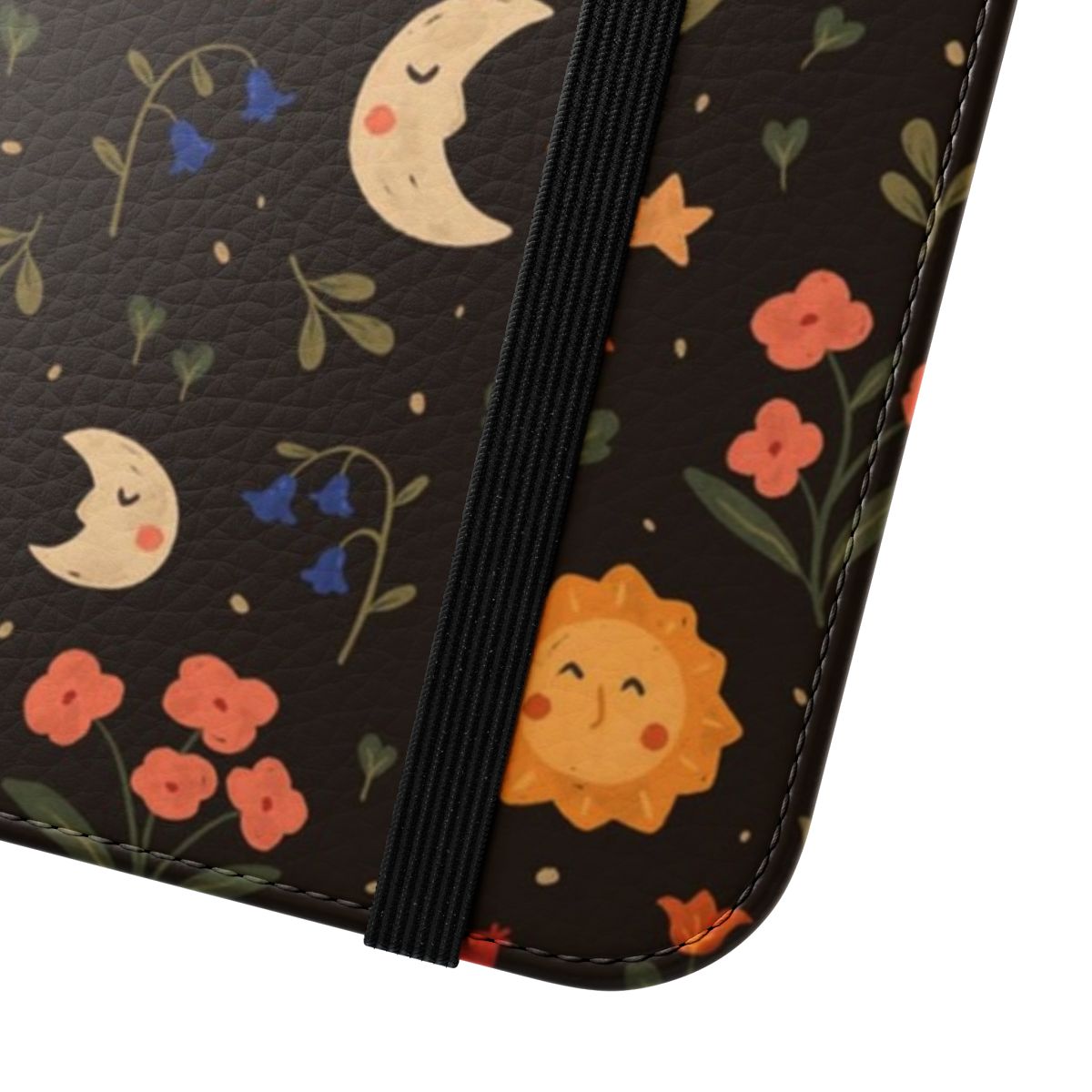 Floral phone case with a soothing pattern of suns, moons, and botanical flowers against a peaceful night sky background. - Close Up