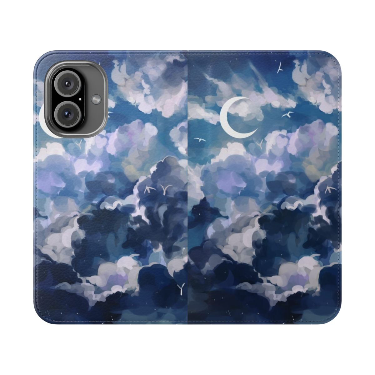 Flip cover phone case with a scenic landscape design featuring blue skies and clouds