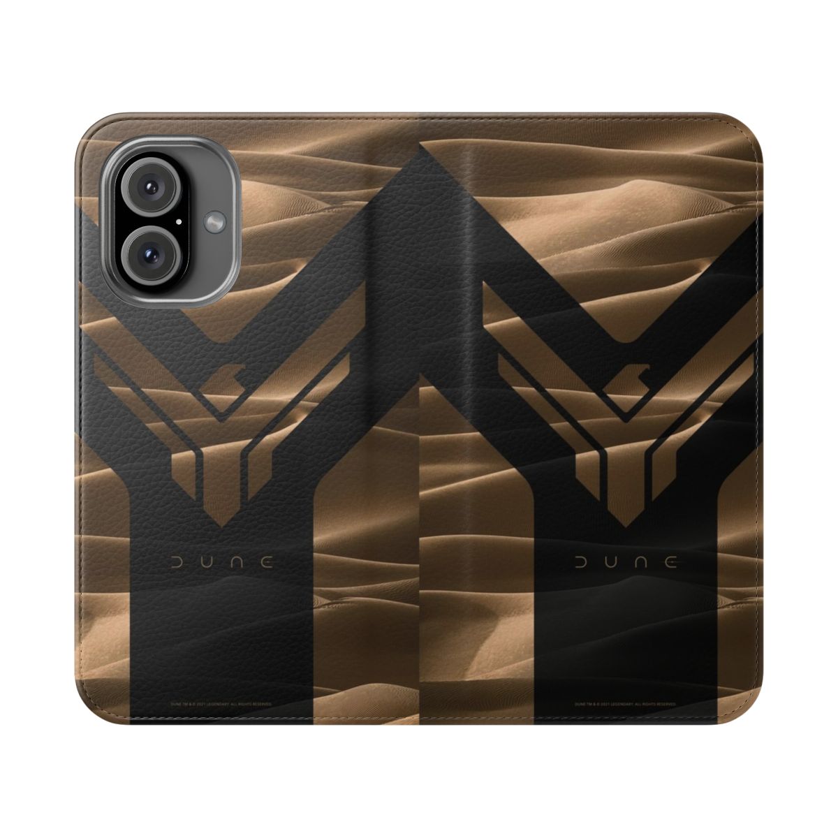 Artistic flip phone case with a Dune-inspired design