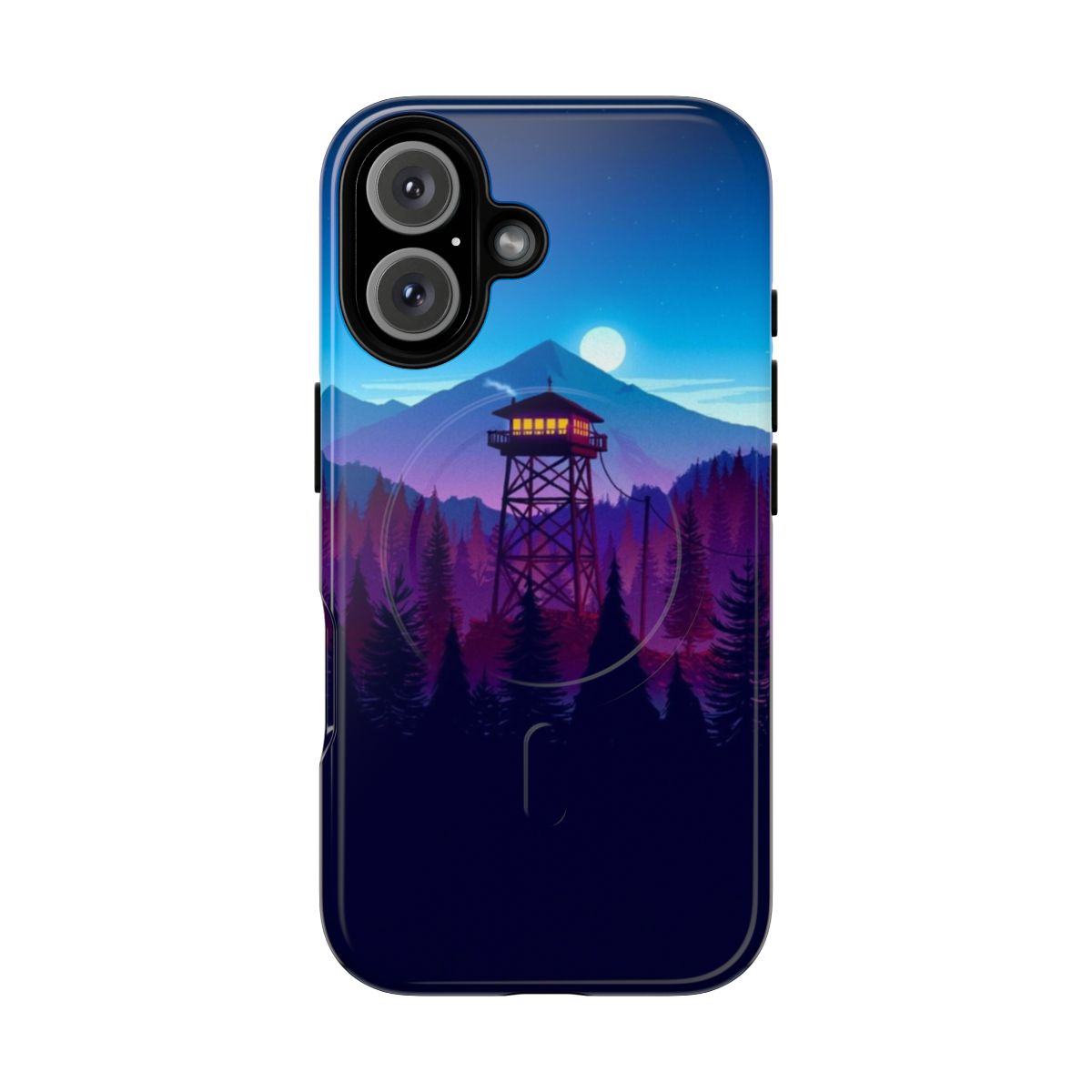 Firewatch-inspired phone case with a beautiful landscape design featuring mountains, sunset, and a watch tower.