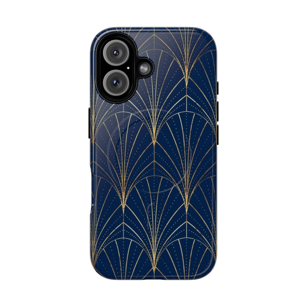 Detailed art deco-style navy blue magnetic phone case with gold foil accents