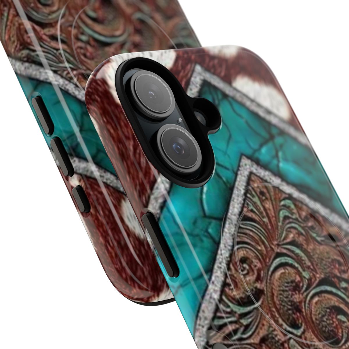 Turquoise cow print faux leather magnetic tough phone case - Detail