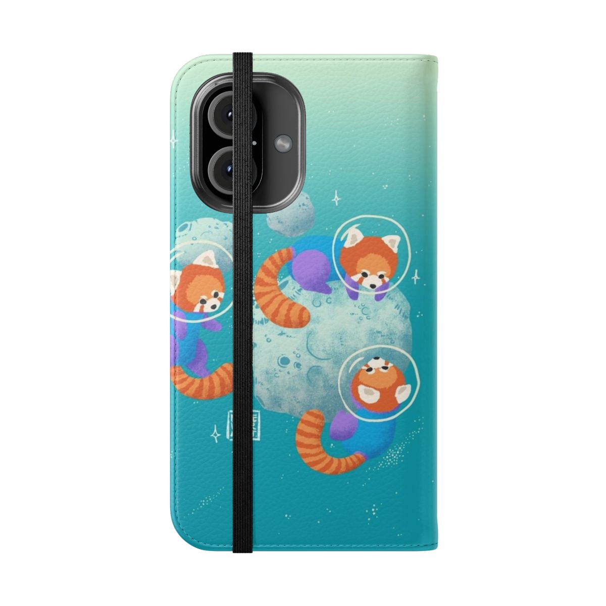 Colorful phone case design featuring a cute red panda in a pastel space landscape - Folded Front