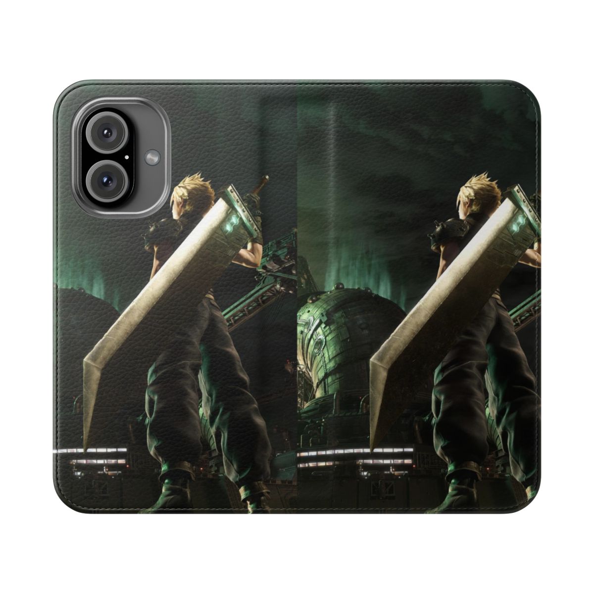 Retro-style flip phone case featuring iconic characters and locations from the Final Fantasy 7 universe