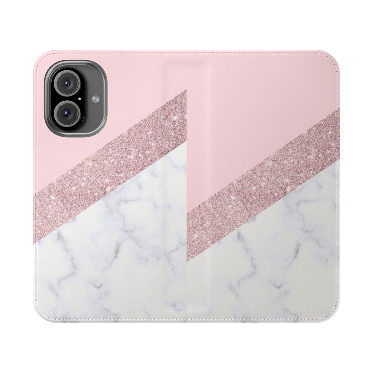 Stylish marble pattern glitter phone case in pastel pink and rose gold colors.