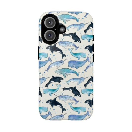 Whimsical watercolor painting of whales, orcas, and narwhals on a phone case