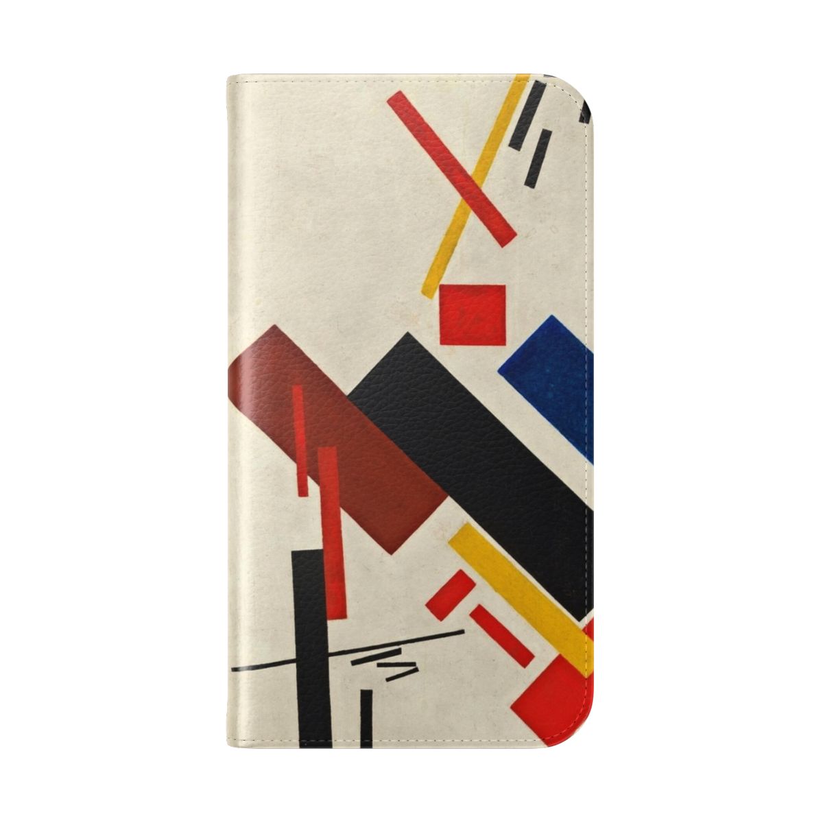 A stylish and protective flip cover phone case featuring Kazimir Malevich's famous "Stroyuschiysya Dom" abstract artwork. - Folded Back