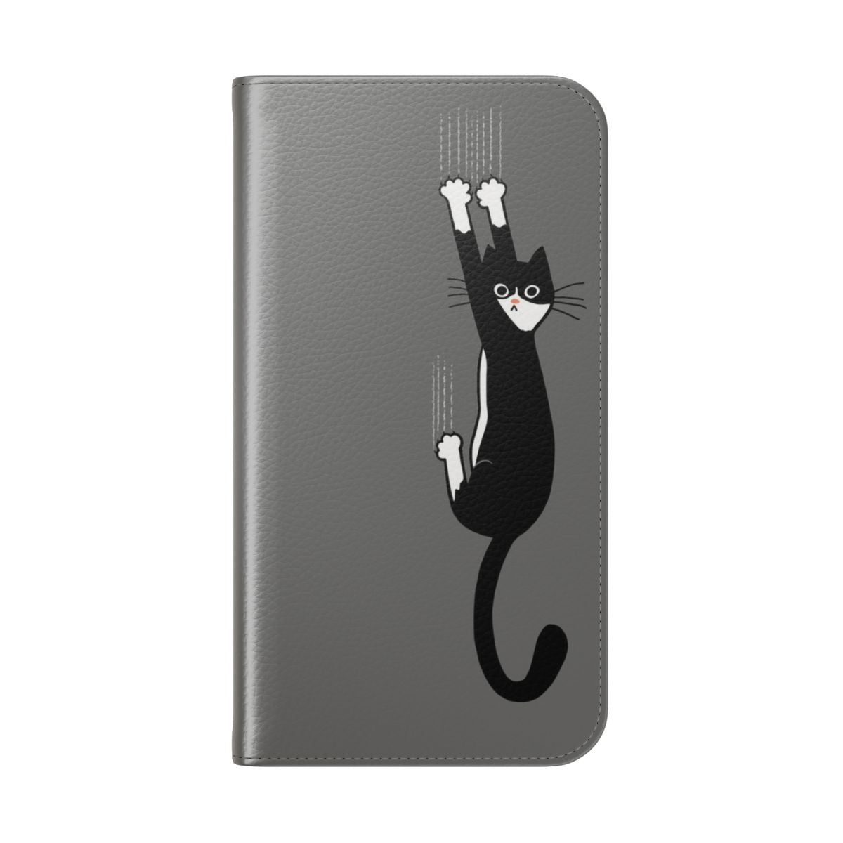 A playful tuxedo cat clinging to the edge of a phone case with a black and white design. - Folded Back