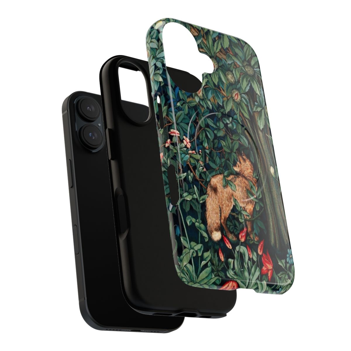 Magnetic tough phone case with a vintage floral tapestry design featuring foxes, hares, and lush green foliage. - Layers