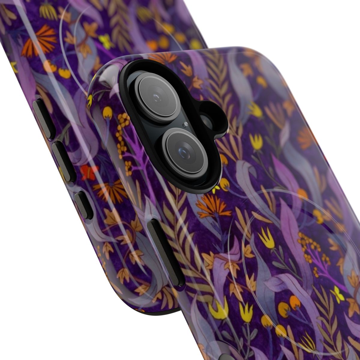 Night forest themed magnetic tough phone case with butterfly and leaf patterns - Detail