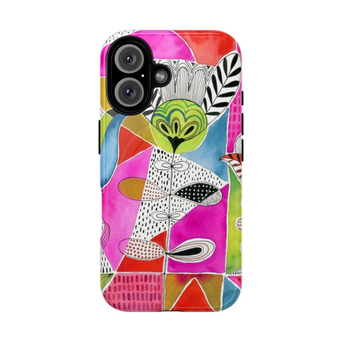 A colorful phone case featuring a watercolor tulip and geometric pattern in bright colors.