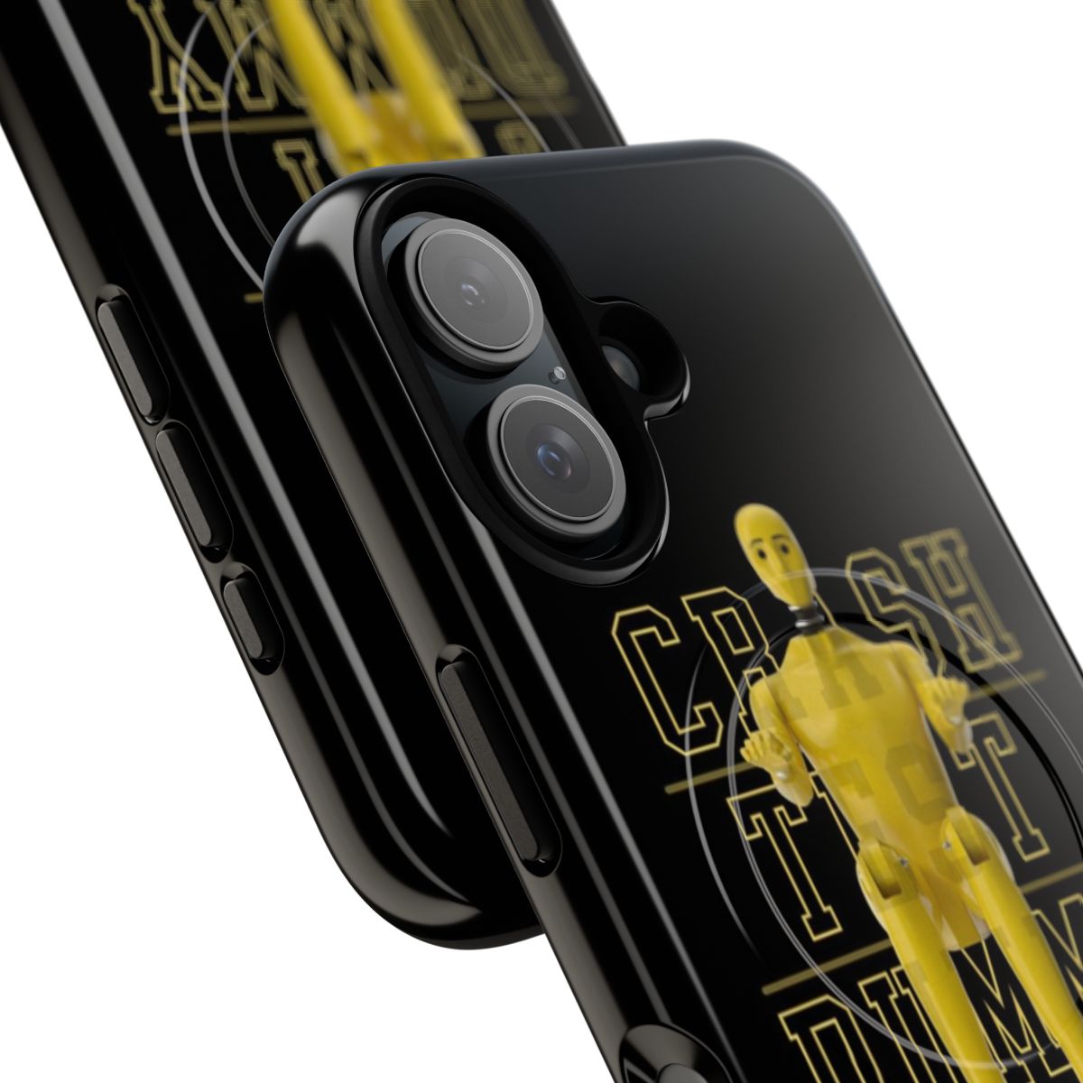 Vintage-inspired yellow phone case with a crash test dummy design - Detail