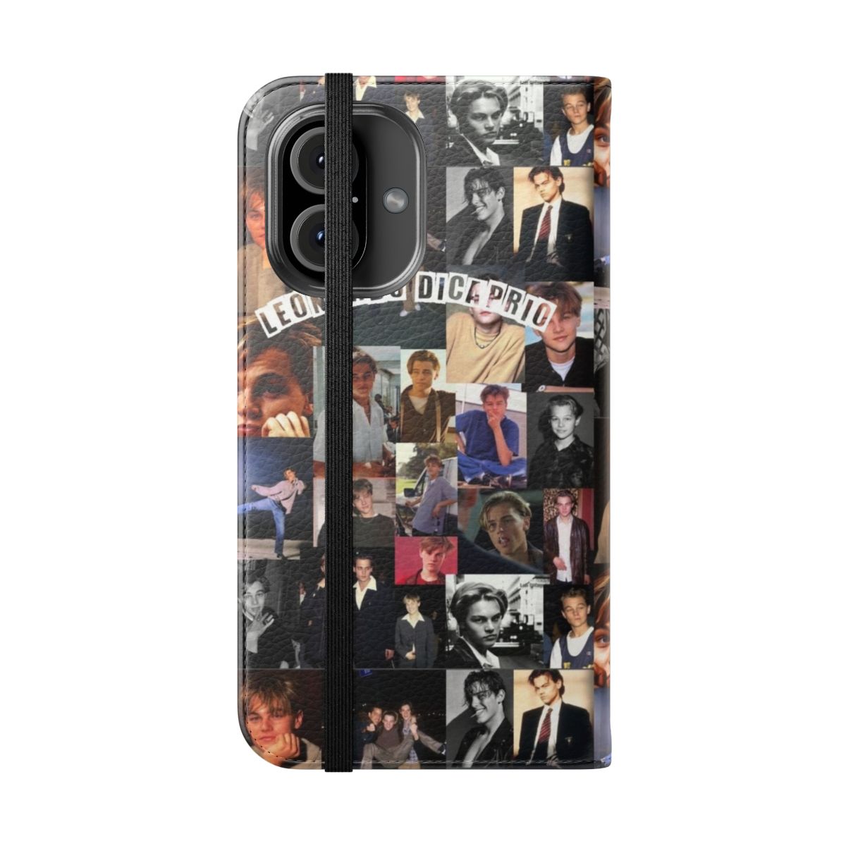 Flip cover phone case with image of Leonardo DiCaprio, popular movie star - Folded Front