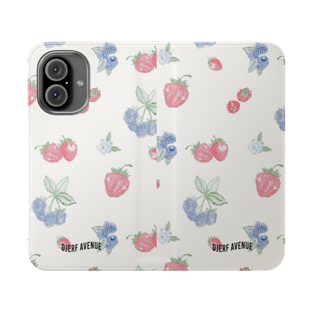 Pastel-colored summer berries print on a flip cover phone case with a Scandinavian aesthetic.