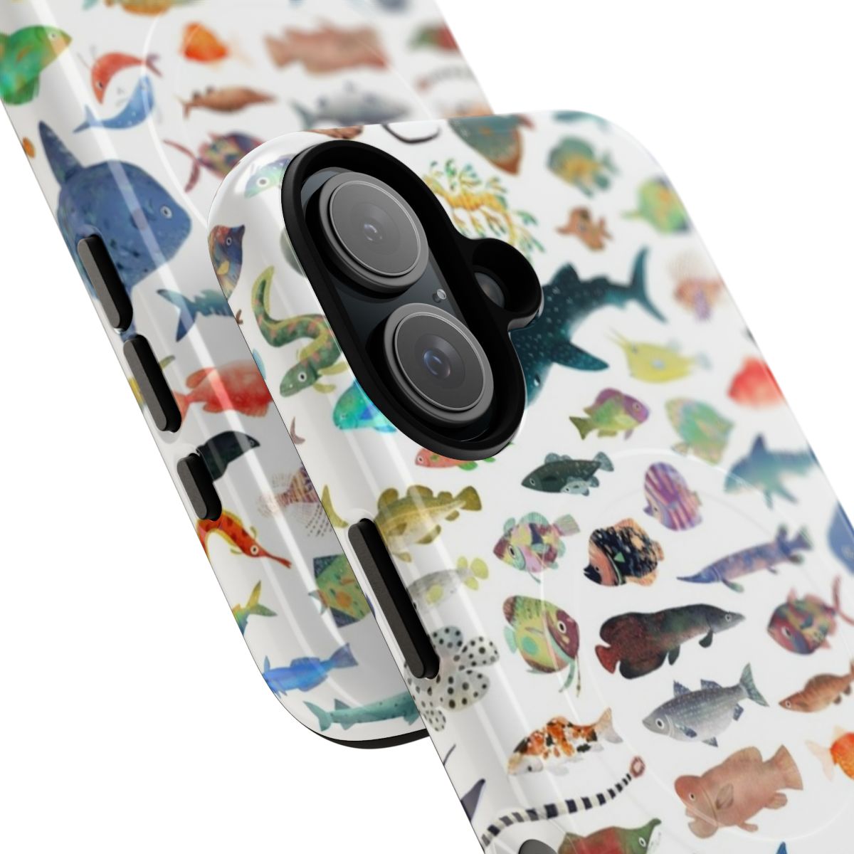 Colorful illustration of various marine life including fish, sharks, and whale sharks on a magnetic tough phone case - Detail