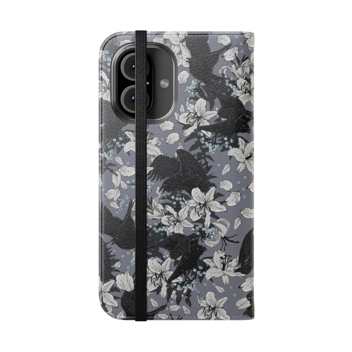 A black flip cover phone case with a dark, gothic-inspired design featuring a raven or crow. - Folded Front