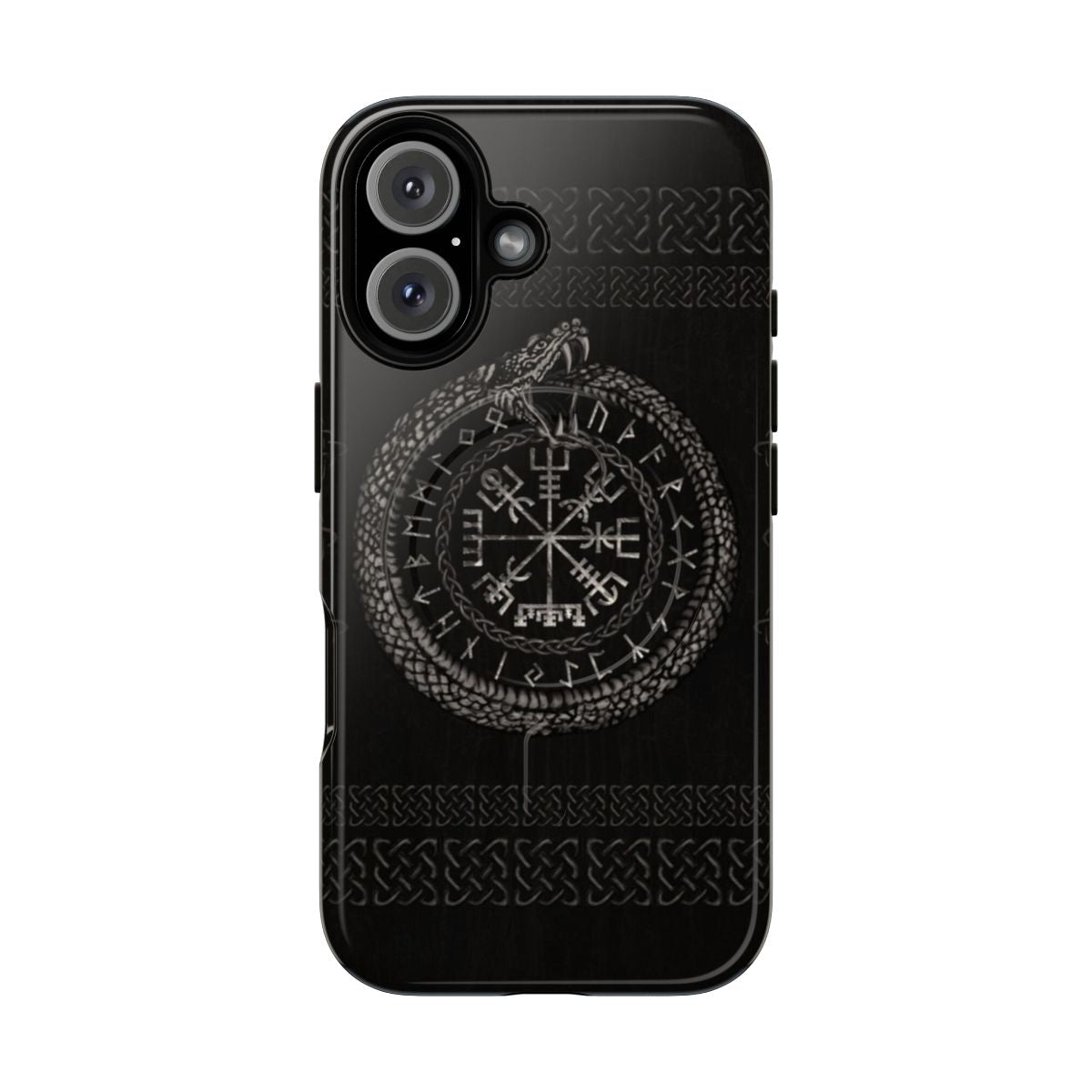 Runic Vegvisir and Ouroboros design on a durable magnetic phone case