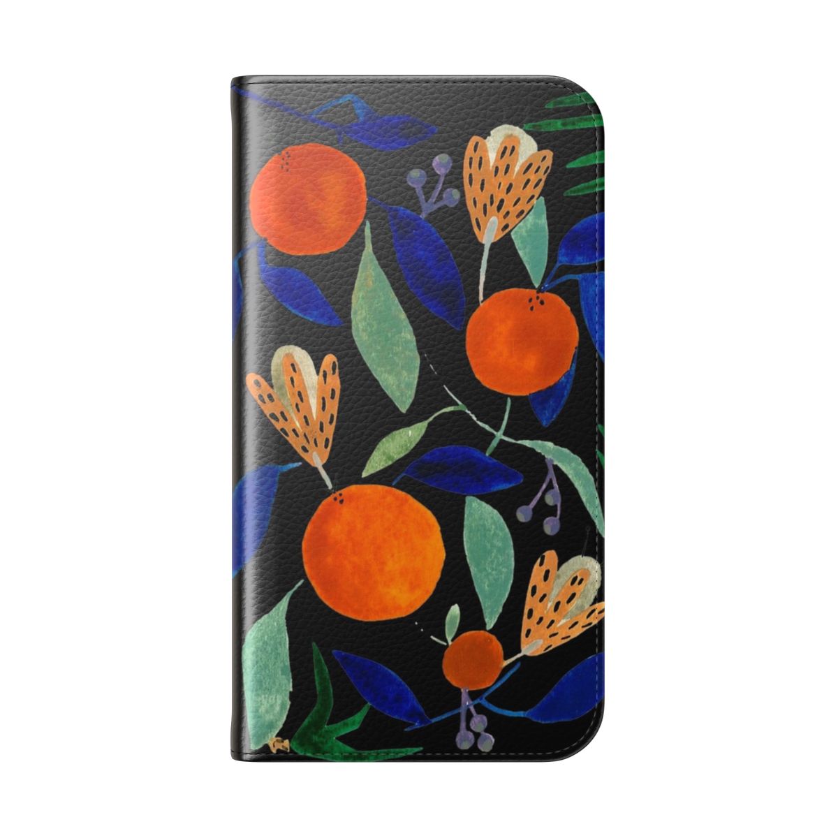 Closeup of an orange botanical pattern phone case with palm trees and flowers - Folded Back