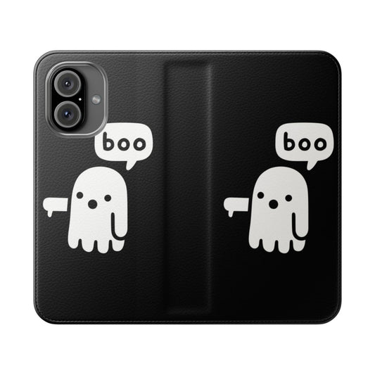 Flip cover phone case with a ghost design and thumbs down gesture