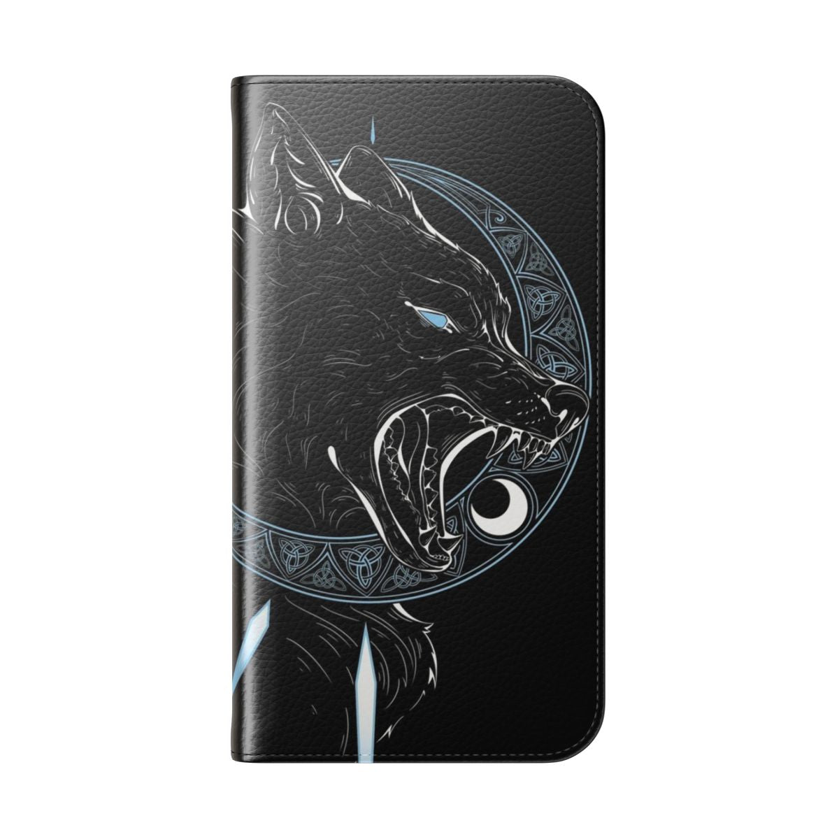 Flip phone case with Norse mythology-inspired graphic of wolves Hati and Sköll, stars, and northern lights - Folded Back