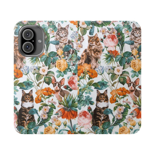 Cat and floral pattern design on a flip cover phone case