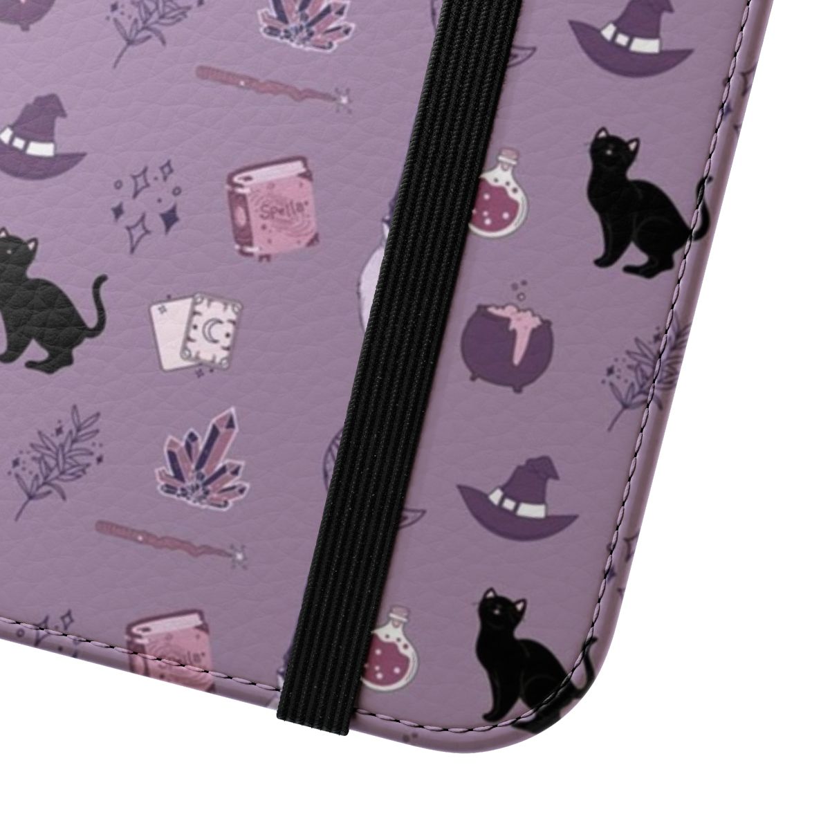 A sleek and stylish purple phone case with a witch and black cat design, perfect for Halloween and witchy aesthetics. - Close Up