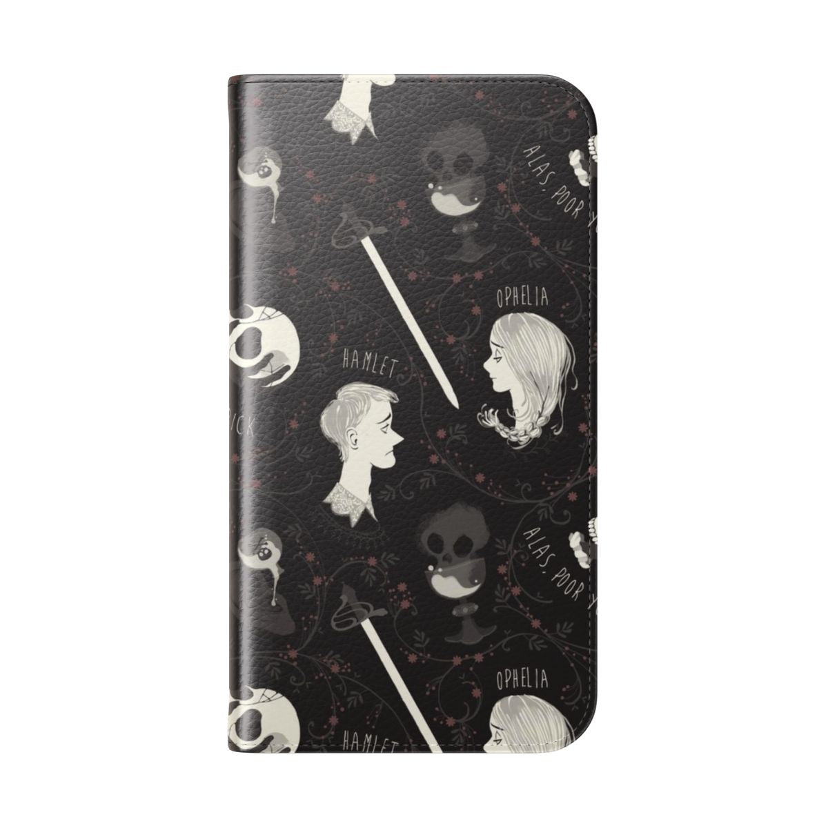 Black and grey flip phone case with Shakespearean Hamlet pattern design - Folded Back