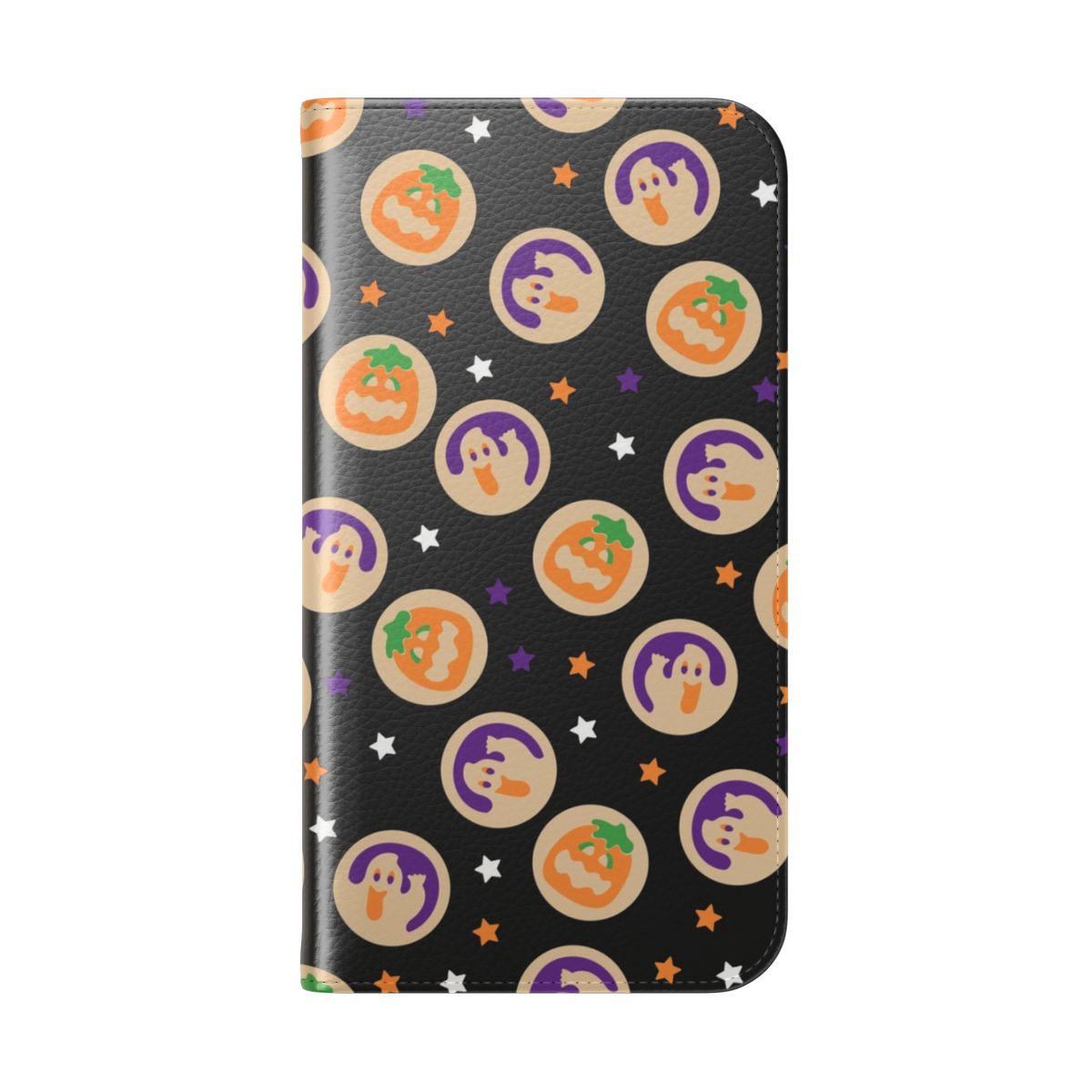 Vintage-style Halloween pumpkin and ghost sugar cookie flip cover phone case - Folded Back