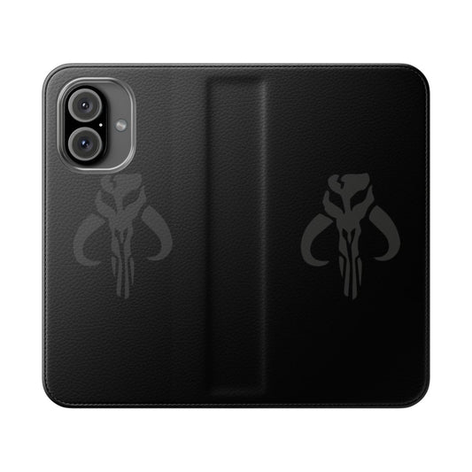 Sleek black flip cover phone case with a stylized Boba Fett skull design, inspired by the Star Wars universe.