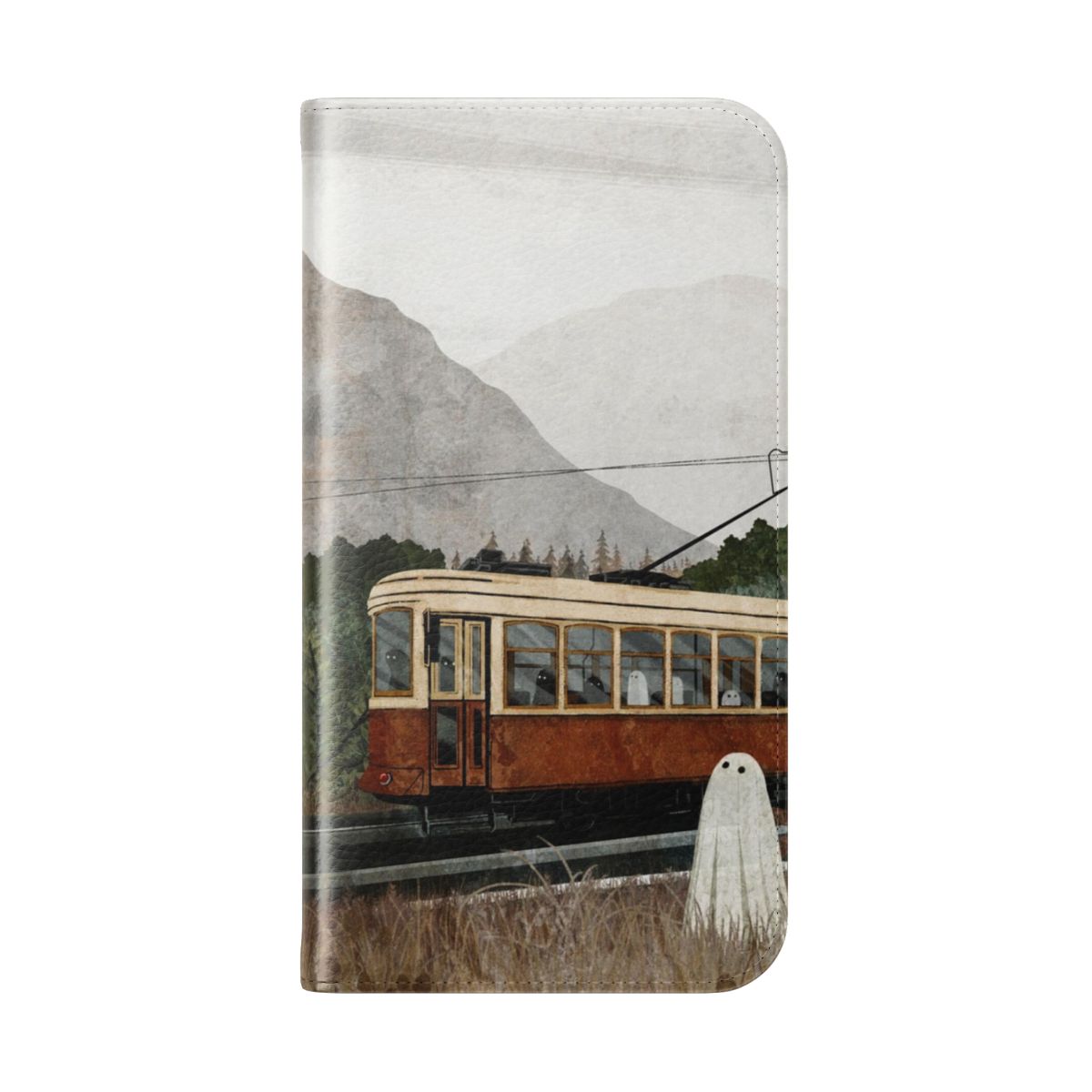 Haunted landscape with a ghostly tram on a phone case - Folded Back