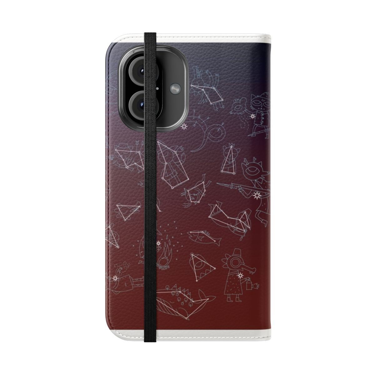 Flip cover phone case featuring a night sky with stars and constellations - Folded Front