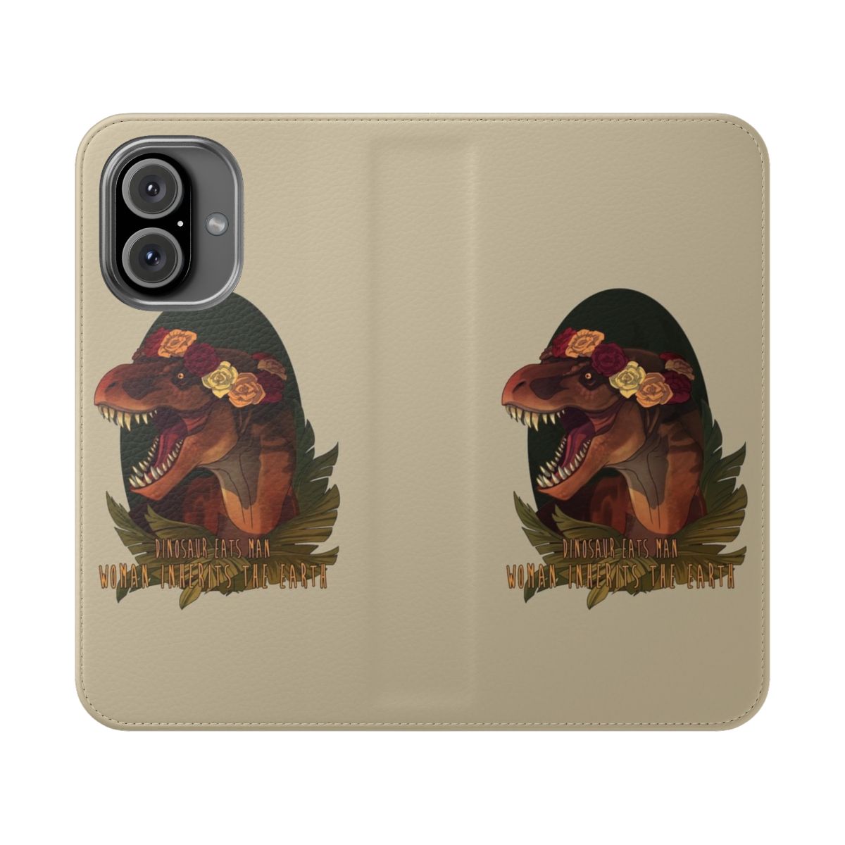 Stylized dinosaur phone case with flower crown design