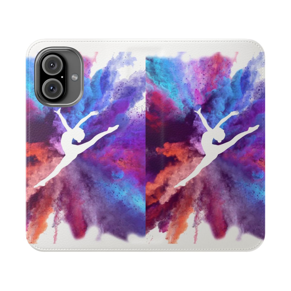 Colorful phone case featuring a gymnast explosion design with rainbows and geometric shapes.